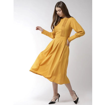 PKRKART Women's Polyester Pintuck Long Sleeves Below Knee Dress (Yellow)