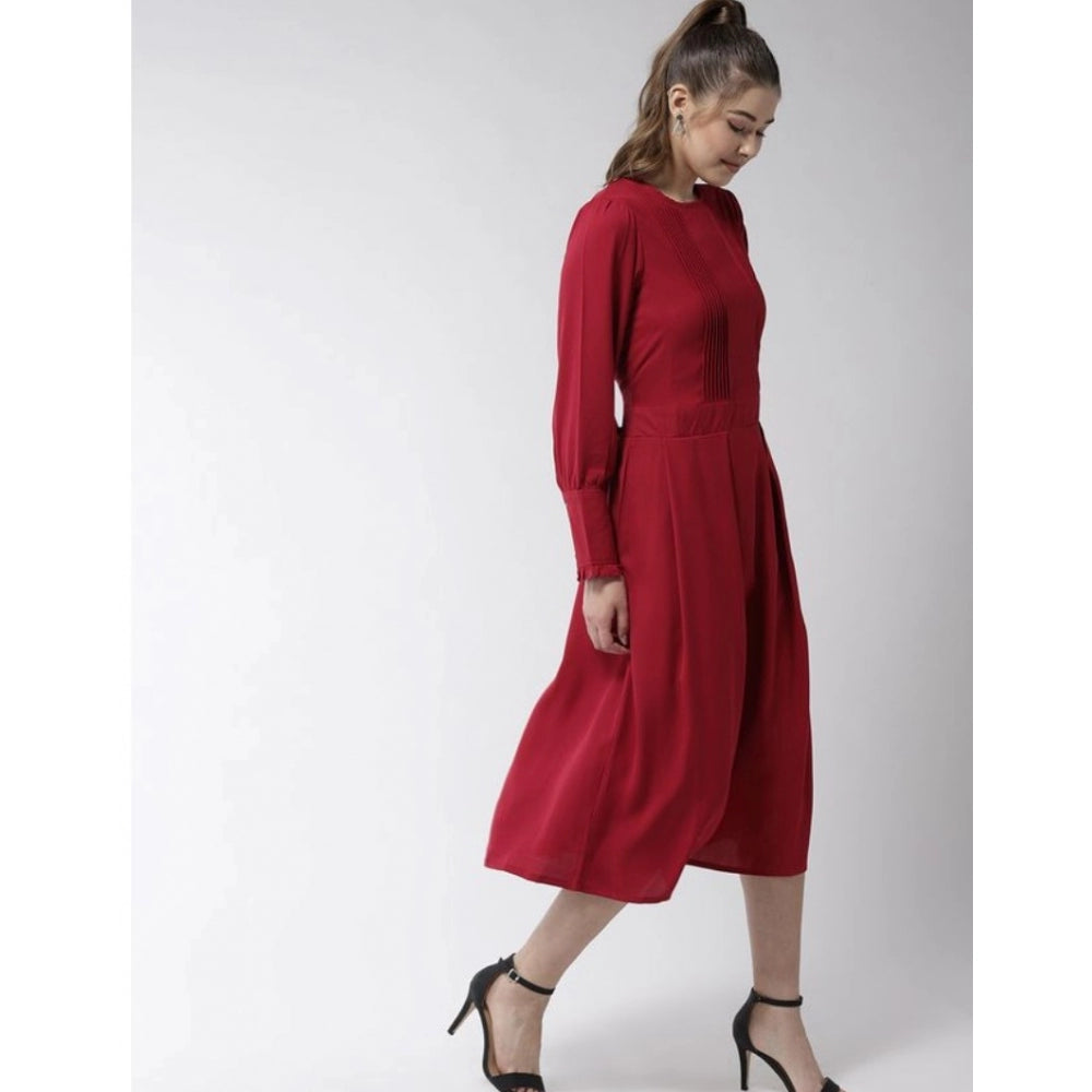 PKRKART Women's Polyester Pintuck Long Sleeves Below Knee Dress (Red)