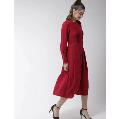 PKRKART Women's Polyester Pintuck Long Sleeves Below Knee Dress (Red)
