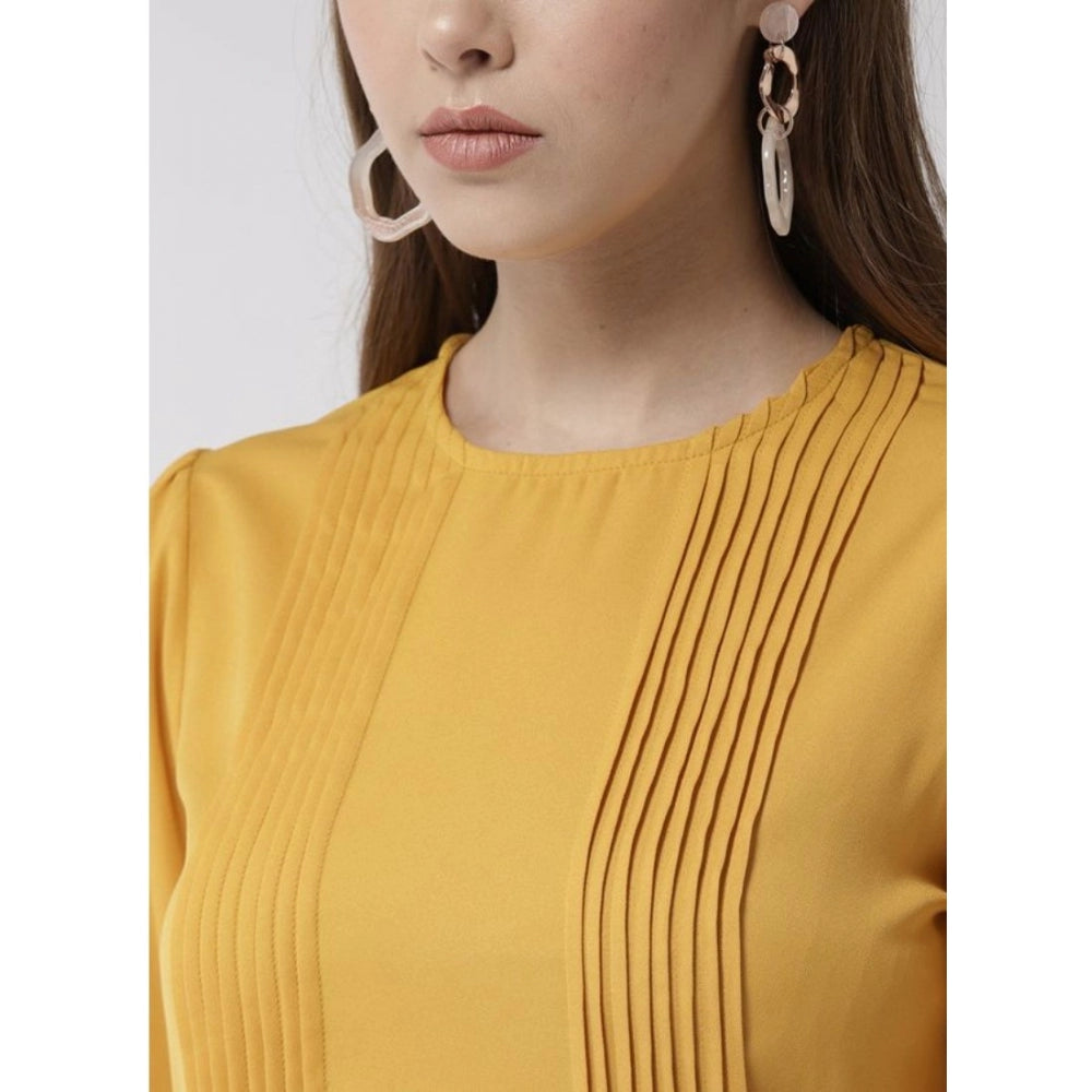 PKRKART Women's Polyester Pintuck Long Sleeves Below Knee Dress (Yellow)