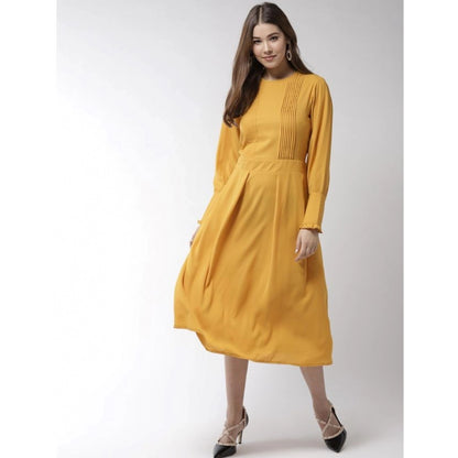 PKRKART Women's Polyester Pintuck Long Sleeves Below Knee Dress (Yellow)