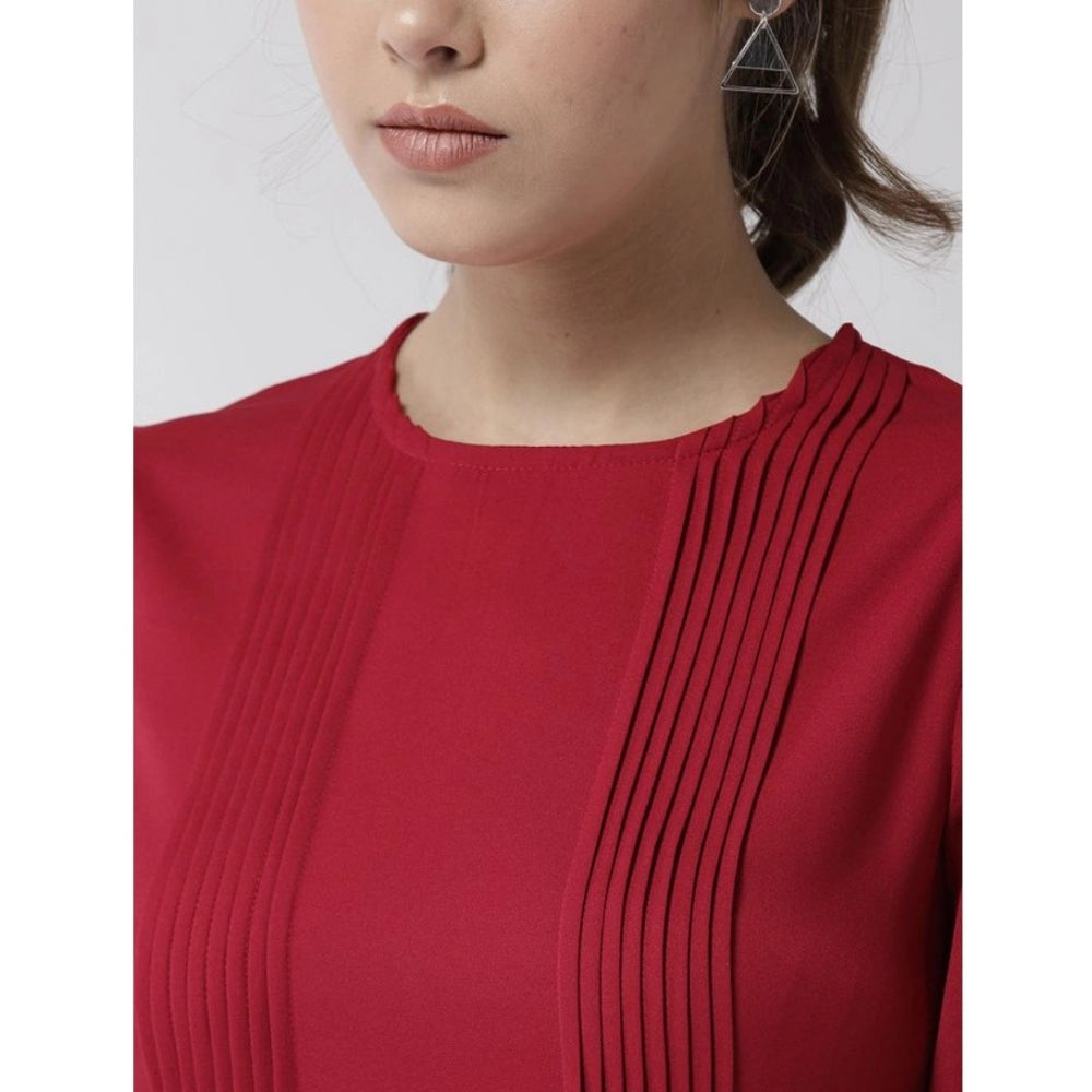 PKRKART Women's Polyester Pintuck Long Sleeves Below Knee Dress (Red)