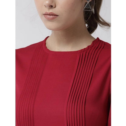 PKRKART Women's Polyester Pintuck Long Sleeves Below Knee Dress (Red)