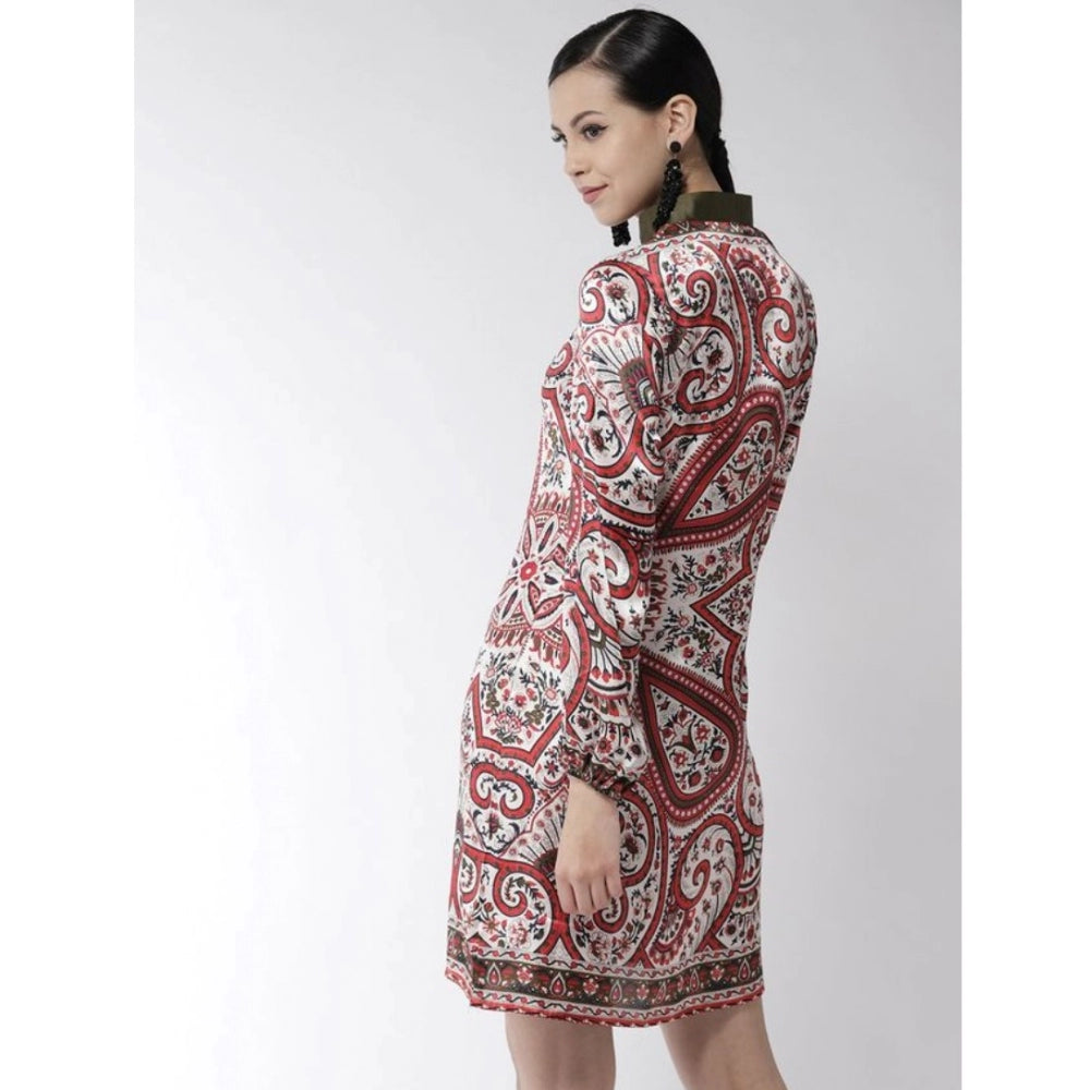 PKRKART Women's Polyester Printed Long Sleeves Above Knee Dress (Red)