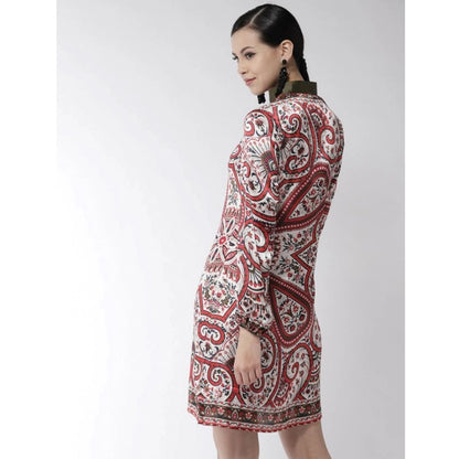 PKRKART Women's Polyester Printed Long Sleeves Above Knee Dress (Red)