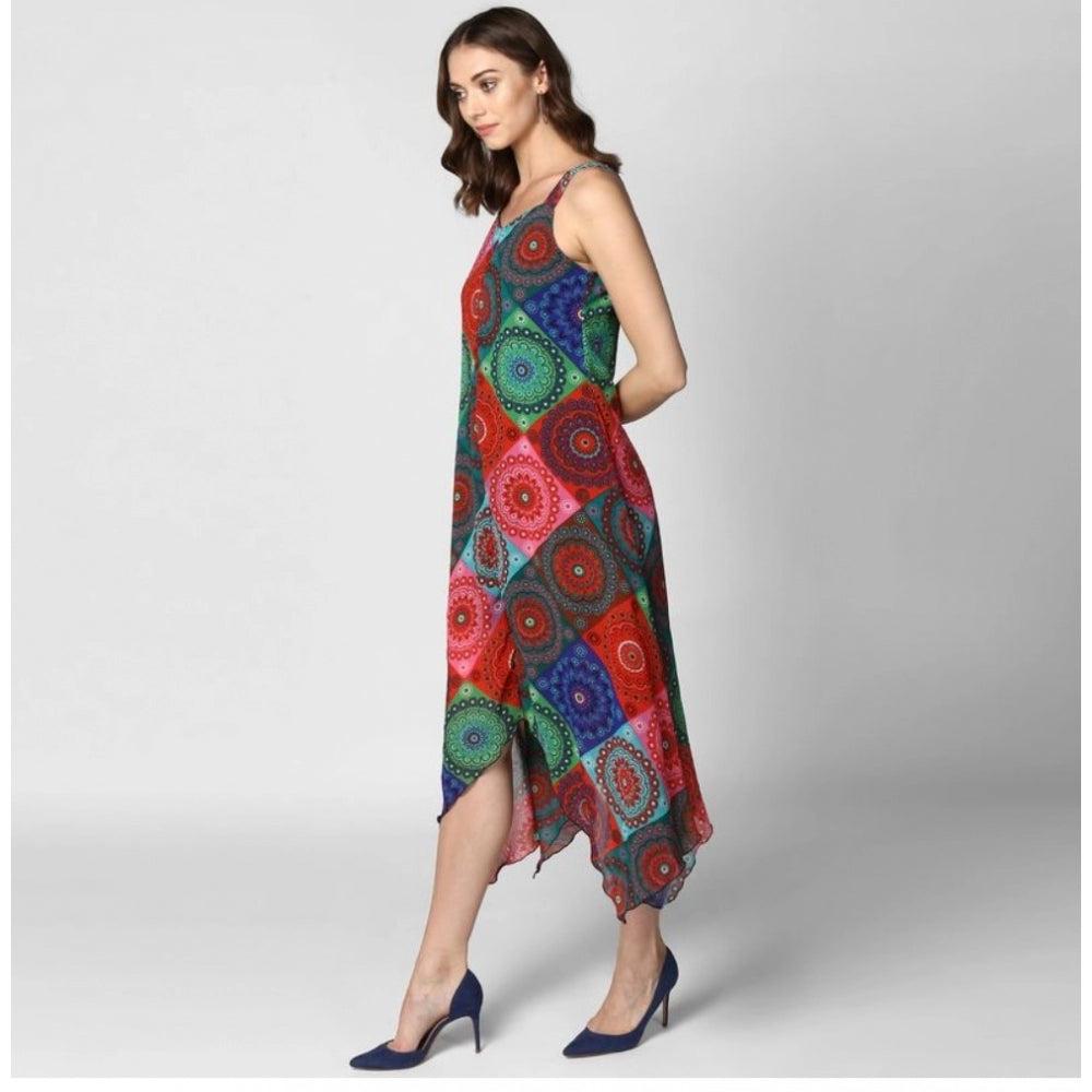 PKRKART Women's Polyester Asymmetrical Shoulder Straps Knee-Length Dress (Multicolor)