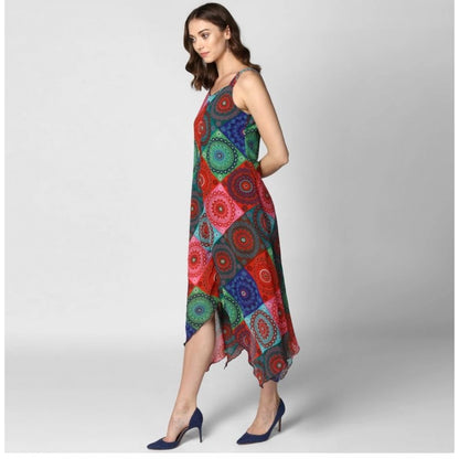 PKRKART Women's Polyester Asymmetrical Shoulder Straps Knee-Length Dress (Multicolor)