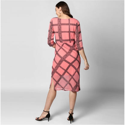 PKRKART Women's Polyester Checkered 3-4th Sleeves Below Knee Dress (Pink - Black)