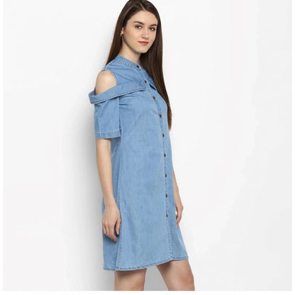 PKRKART Women's Denim Solid Cold Shoulder Above Knee Dress (Blue)