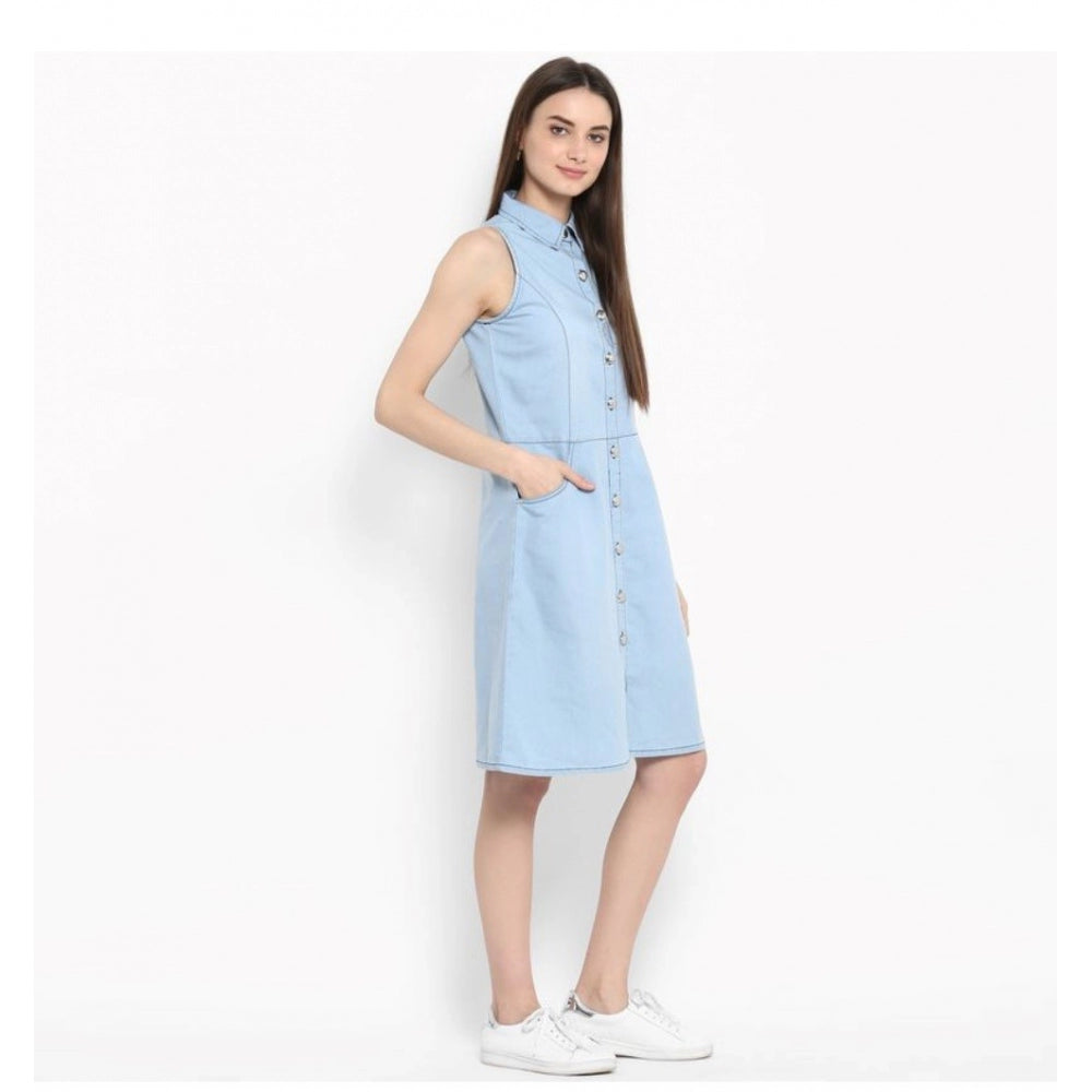 PKRKART Women's Denim Solid Sleeveless Below Knee Dress (Blue)