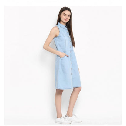 PKRKART Women's Denim Solid Sleeveless Below Knee Dress (Blue)