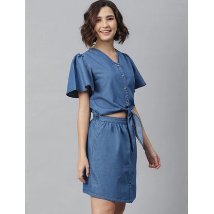 PKRKART Women's Denim Solid Flutter Above Knee Dress (Blue)