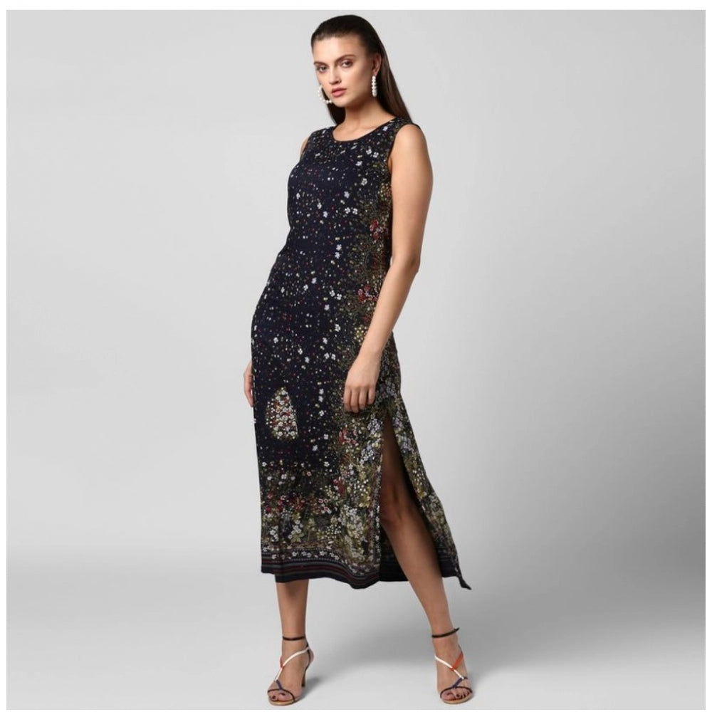 PKRKART Women's Rayon Floral Sleeveless Calf-length Dress (Black)