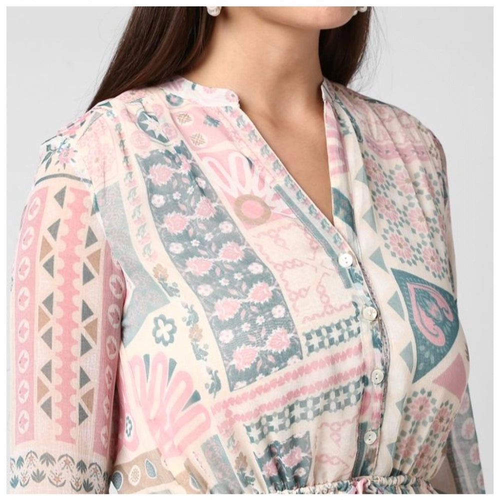 PKRKART Women's Polyester Printed Long Sleeves Above Knee Dress (Light Pink - Off White)