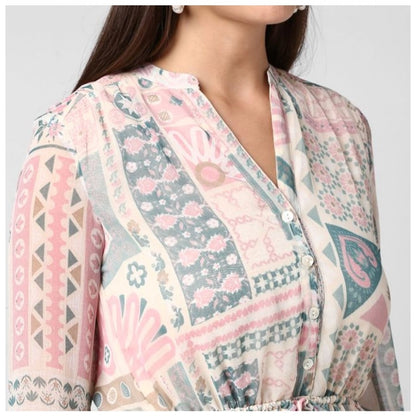 PKRKART Women's Polyester Printed Long Sleeves Above Knee Dress (Light Pink - Off White)