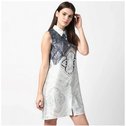 PKRKART Women's Polyester Printed Sleeveless Above Knee Dress (Blue)
