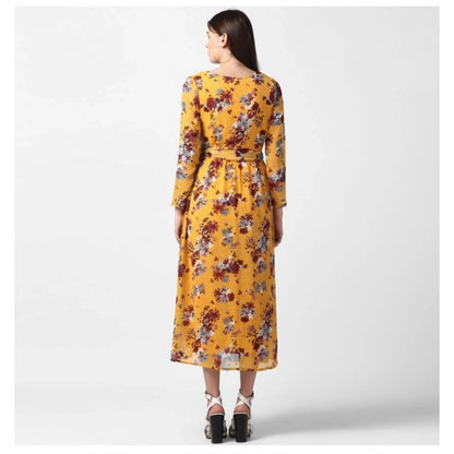 PKRKART Women's Polyester Floral Long Sleeves Calf-length Dress (Yellow)