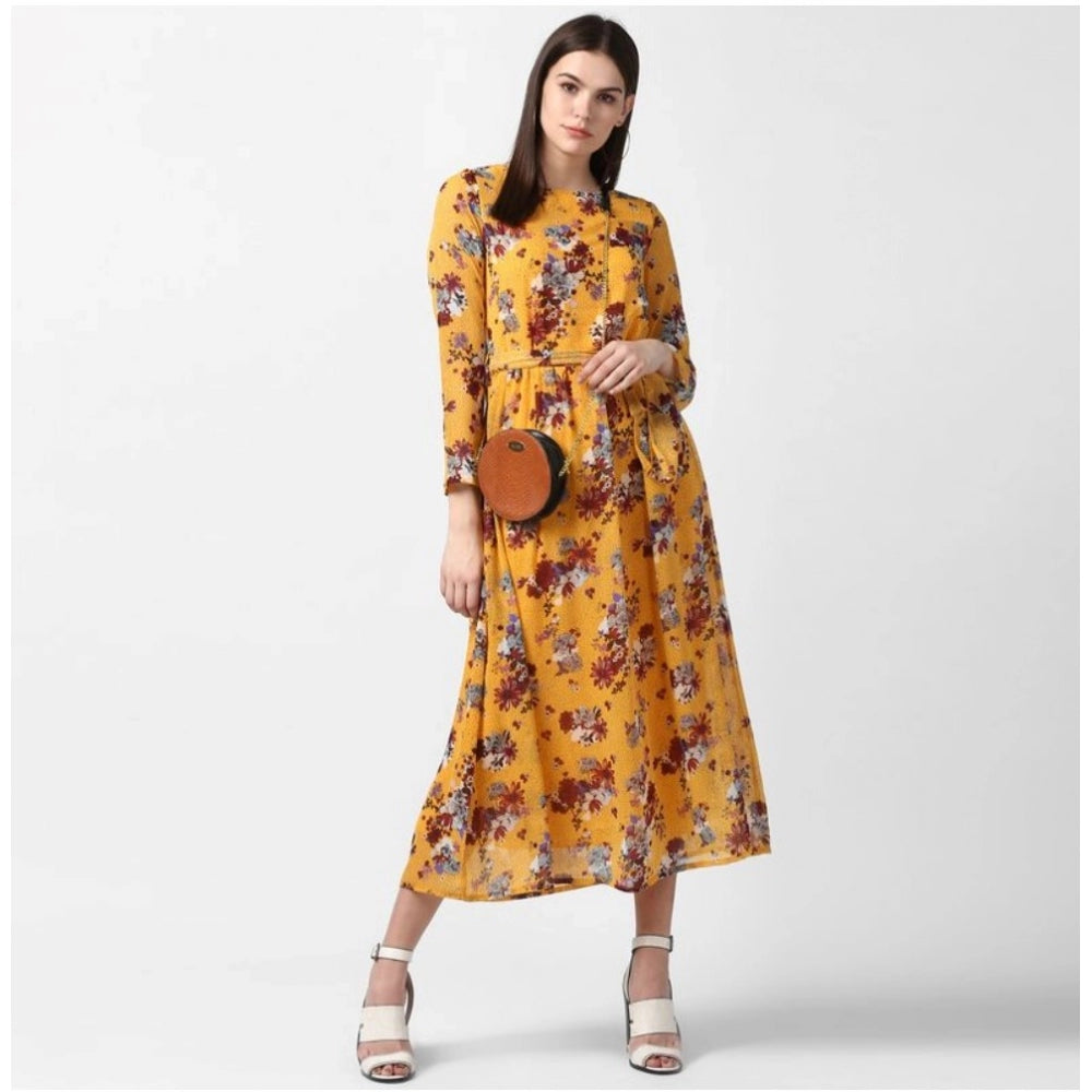 PKRKART Women's Polyester Floral Long Sleeves Calf-length Dress (Yellow)