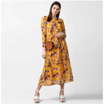 PKRKART Women's Polyester Floral Long Sleeves Calf-length Dress (Yellow)