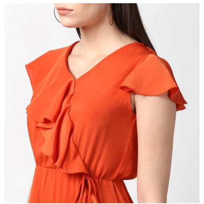 PKRKART Women's Polyester Ruffled Cap Sleeve Knee-Length Dress (Orange)