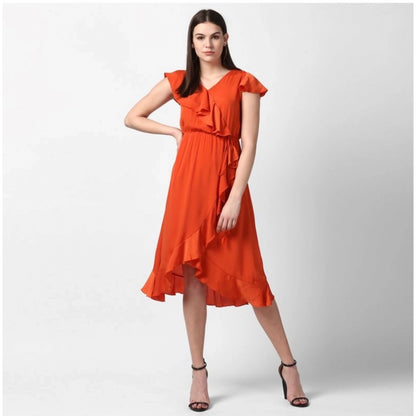 PKRKART Women's Polyester Ruffled Cap Sleeve Knee-Length Dress (Orange)
