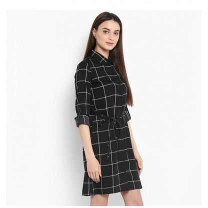 PKRKART Women's Polyester Checkered Roll Up Sleeve Above Knee Dress (Black - White)