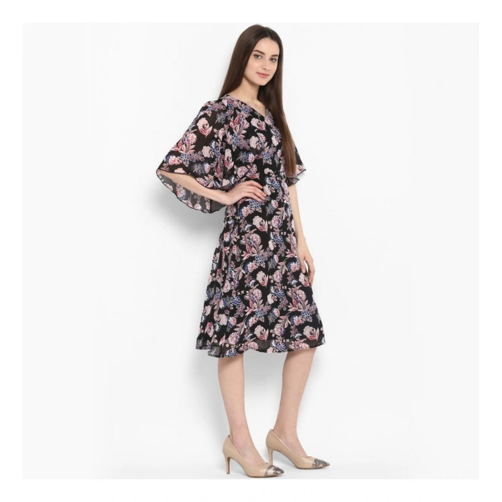 PKRKART Women's Polyester Floral Short Sleeve Knee-Length Dress (Black - Multicolor)