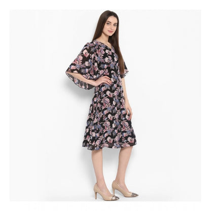 PKRKART Women's Polyester Floral Short Sleeve Knee-Length Dress (Black - Multicolor)
