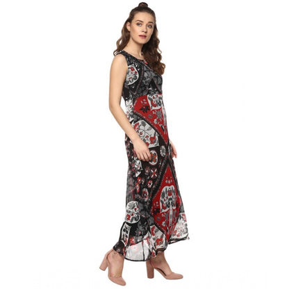 PKRKART Women's Polyester Printed Sleeveless Dress (Red - Black)