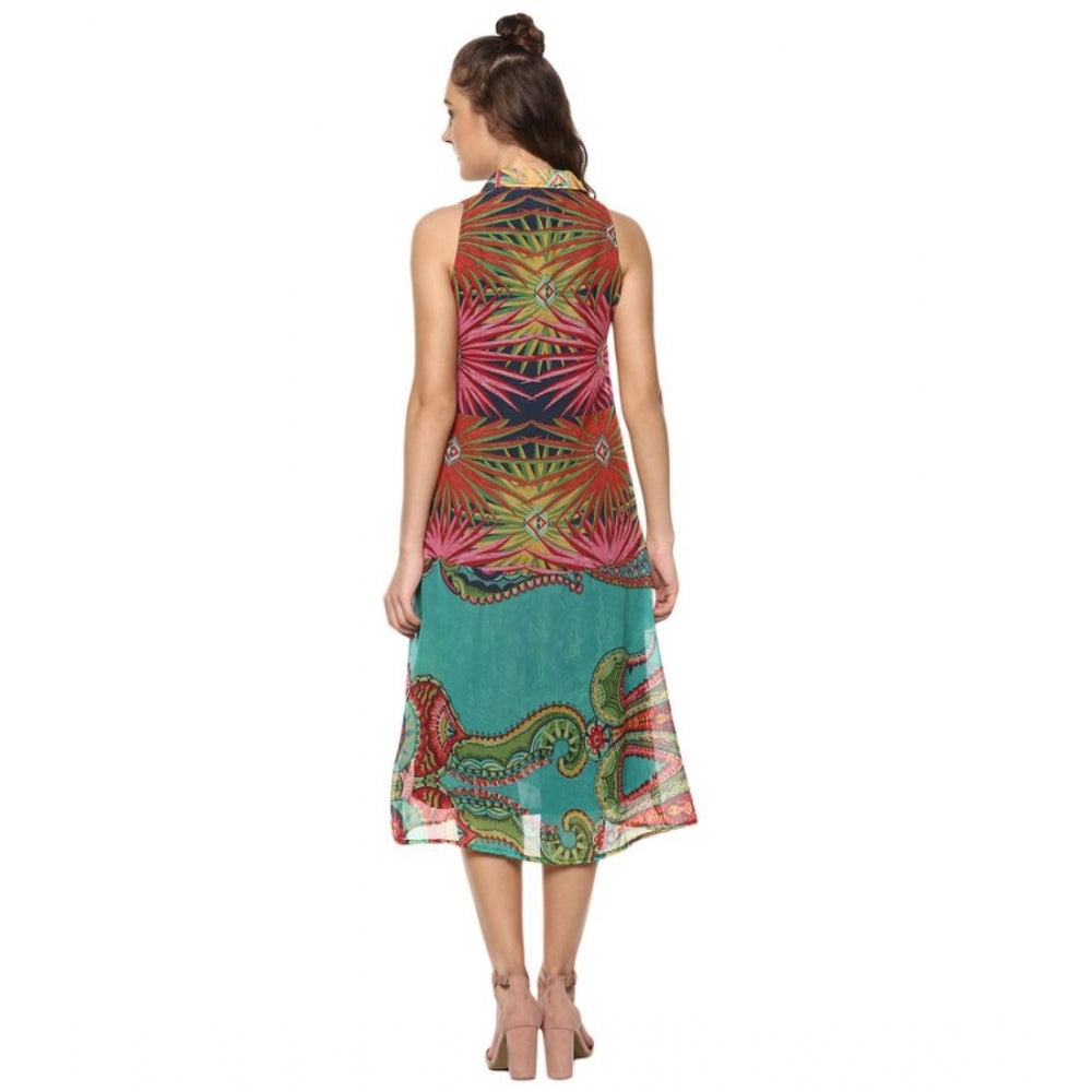 PKRKART Women's Polyester Floral Sleeveless Below Knee Dress (Multicolor)