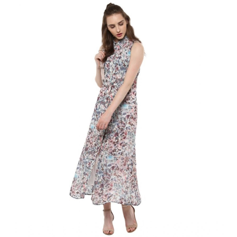 PKRKART Women's Polyester Chiffon Printed Sleeveless Dress (Multicolor)