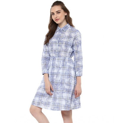 PKRKART Women's Cotton Checkered Roll Up Sleeve Above Knee Dress (Blue)