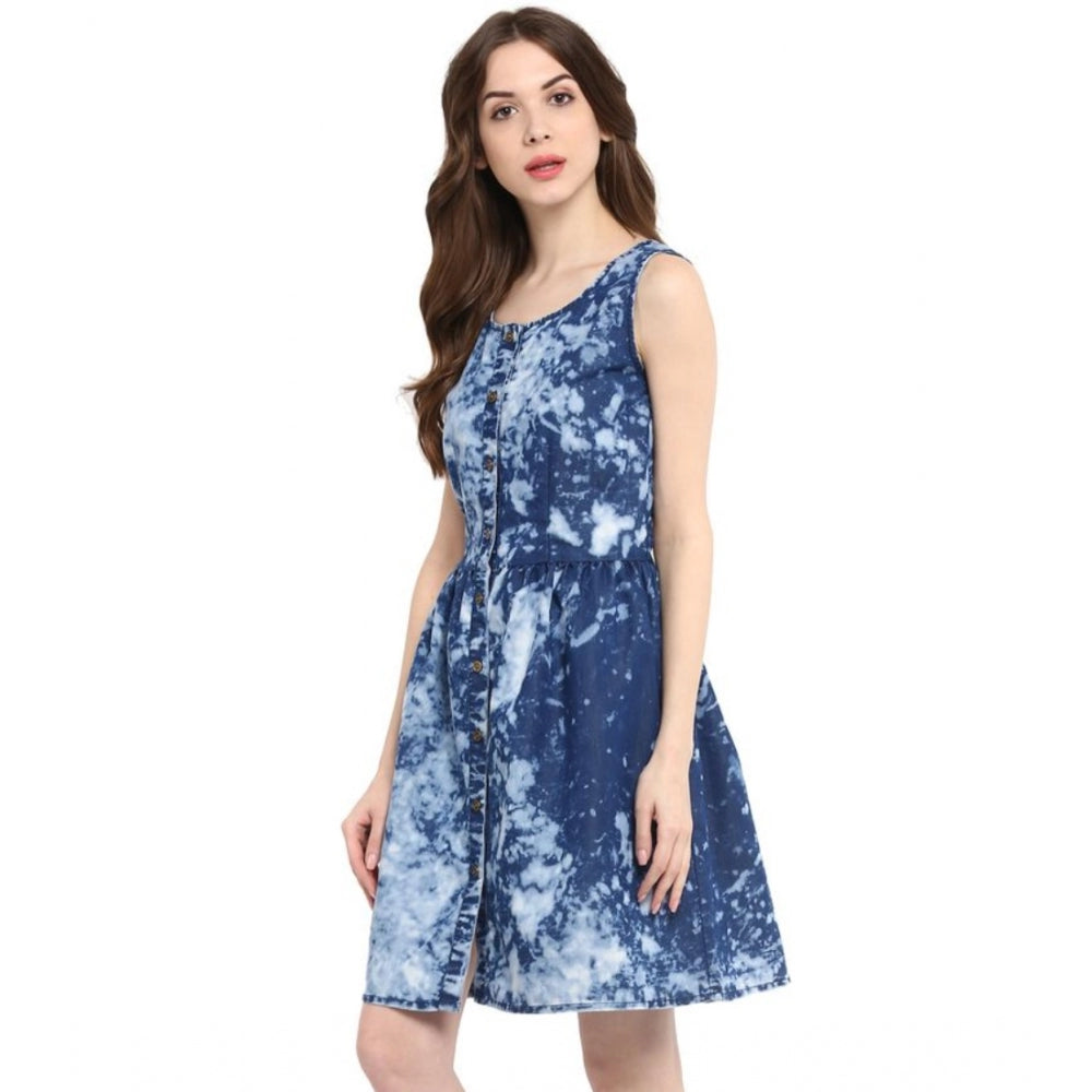 PKRKART Women's Denim Tie &amp; Dye Sleeveless Above Knee Dress (Blue)