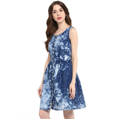 PKRKART Women's Denim Tie &amp; Dye Sleeveless Above Knee Dress (Blue)