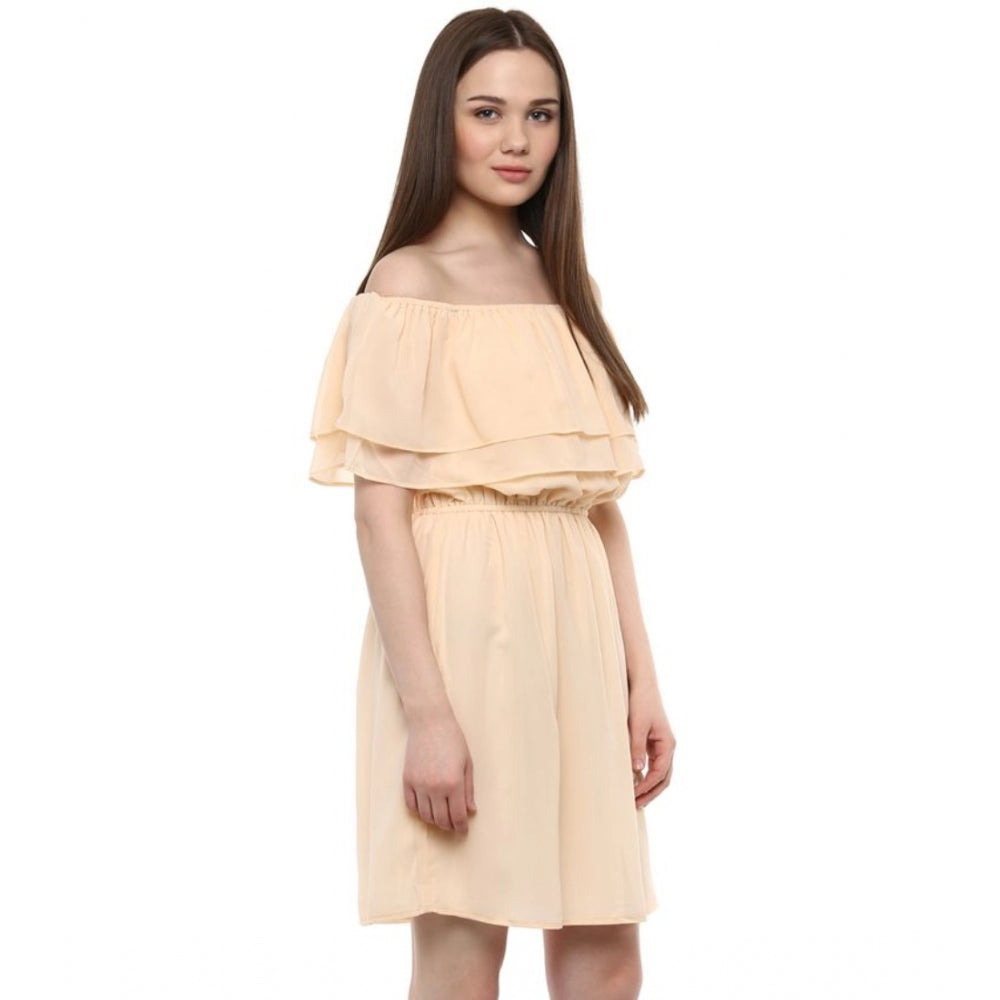 PKRKART Women's Polyester Solid Sleeveless Knee-Length Dress (Beige)