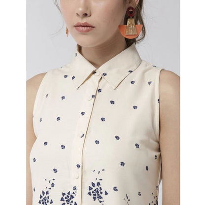 PKRKART Women's Polyester Floral Sleeveless Above Knee Dress (Cream)