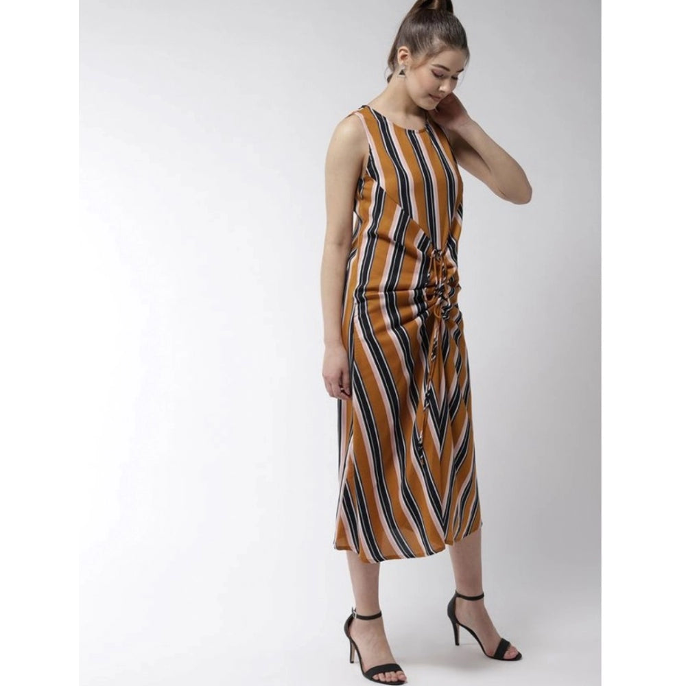 PKRKART Women's Polyester Striped Sleeveless Below Knee Dress (Mustard)