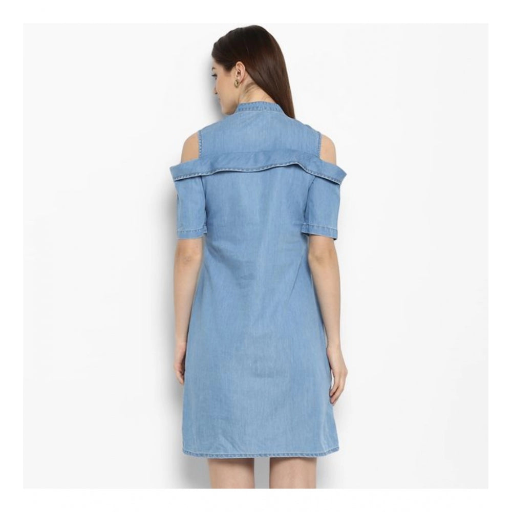 PKRKART Women's Denim Solid Cold Shoulder Above Knee Dress (Blue)