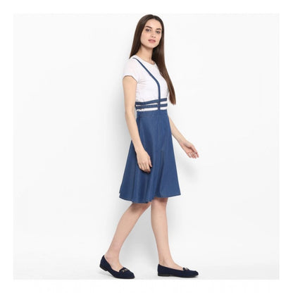 PKRKART Women's Denim Solid Shoulder Straps Below Knee Dress (Blue)