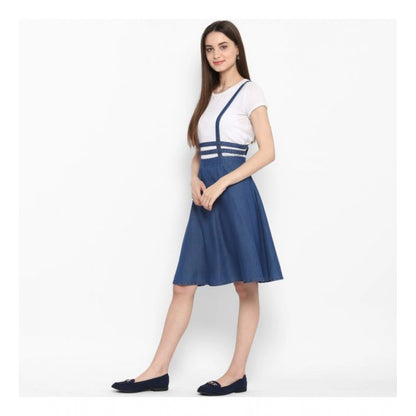 PKRKART Women's Denim Solid Shoulder Straps Below Knee Dress (Blue)