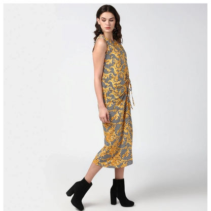 PKRKART Women's Polyester Chain Print Sleeveless Below Knee Dress (Yellow - Black)