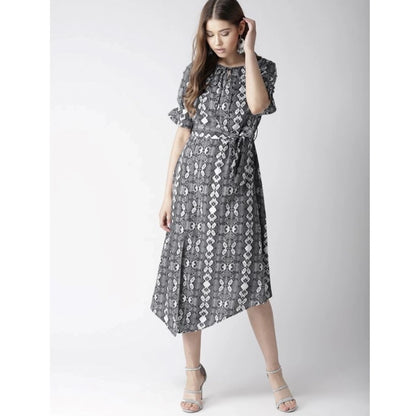 PKRKART Women's Polyester Animal Print Short Sleeve Knee-Length Dress (Black - White)