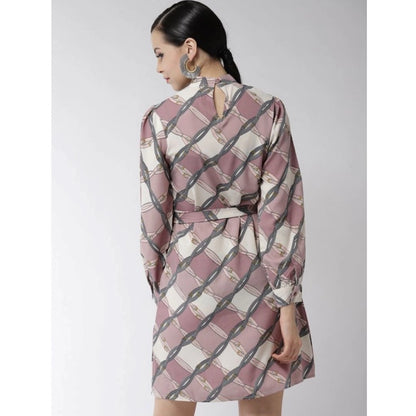 PKRKART Women's Polyester Checkered Long Sleeves Above Knee Dress (Off White - Lavender)
