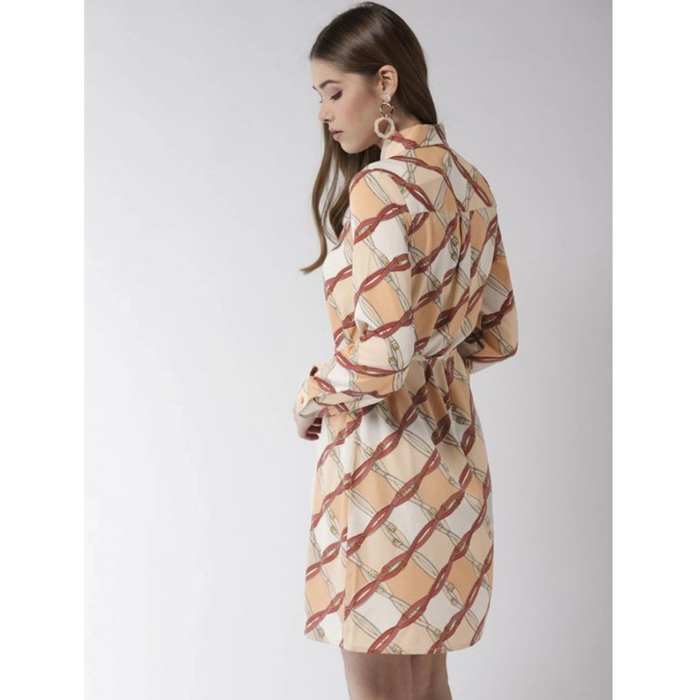 PKRKART Women's Polyester Printed Roll Up Sleeve Above Knee Dress (Off White - Brown)