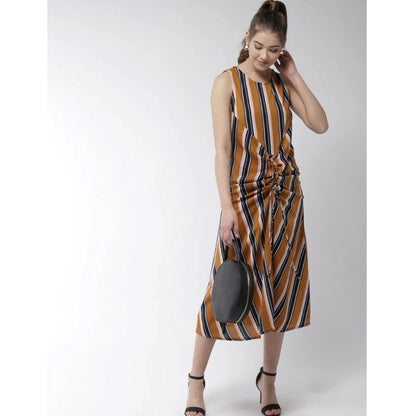 PKRKART Women's Polyester Striped Sleeveless Below Knee Dress (Mustard)