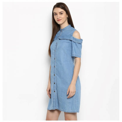 PKRKART Women's Denim Solid Cold Shoulder Above Knee Dress (Blue)