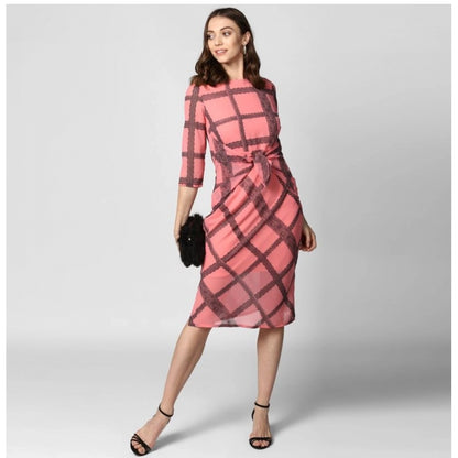 PKRKART Women's Polyester Checkered 3-4th Sleeves Below Knee Dress (Pink - Black)