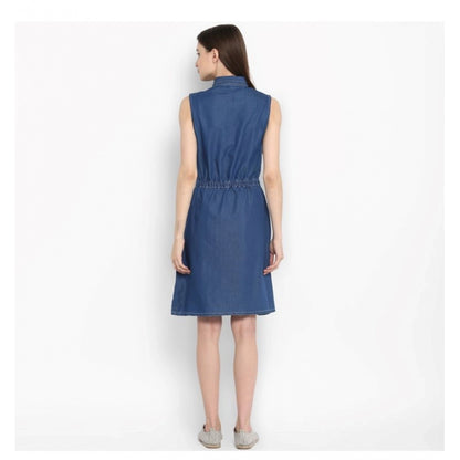 PKRKART Women's Denim Solid Sleeveless Above Knee Dress (Blue)