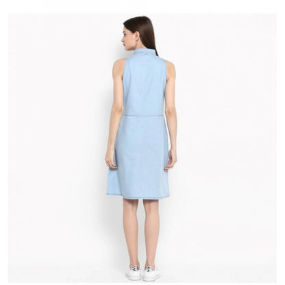 PKRKART Women's Denim Solid Sleeveless Below Knee Dress (Blue)