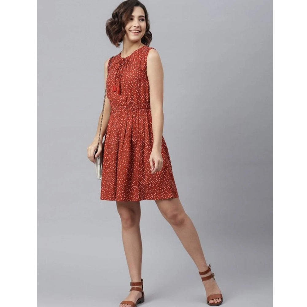 PKRKART Women's Rayon Polka Sleeveless Above Knee Dress (Rust)